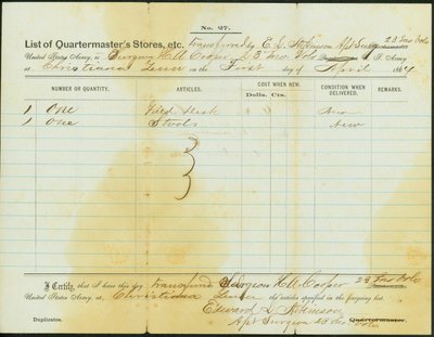 Elenco dei negozi trasferiti da Atkinson al chirurgo H. A. Cooper, 23° Fanteria Volontari del Missouri da Edward S. Atkinson